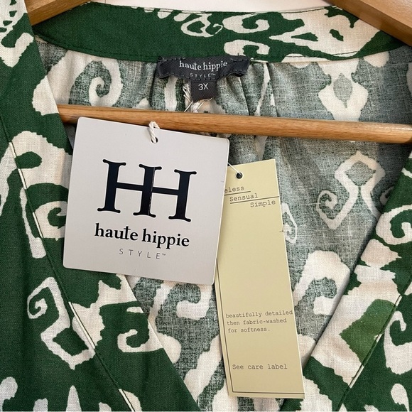 NWT Haute Hippie Top Green Linen Blend Boho Ikat Popover Shirt Blouse Size 3XL - Picture 5 of 8